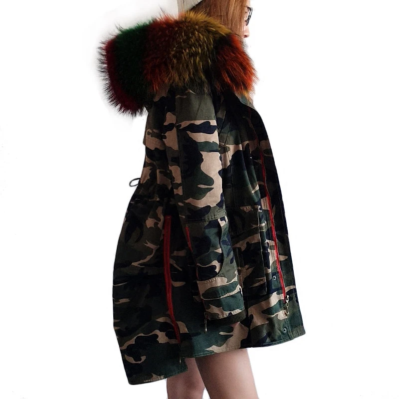 

Maomaokong 2019 Winter army green Coats Women Jackets Real Large Raccoon Fur Collar Thick Dovetail Ladies Down & Parkas