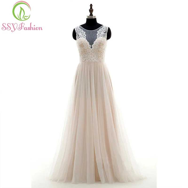 

SSYFashion New Simple Evening Dress Banquet Elegant Floor-length Lace Embroidery Beige Prom Party Gown Custom Formal Dresses