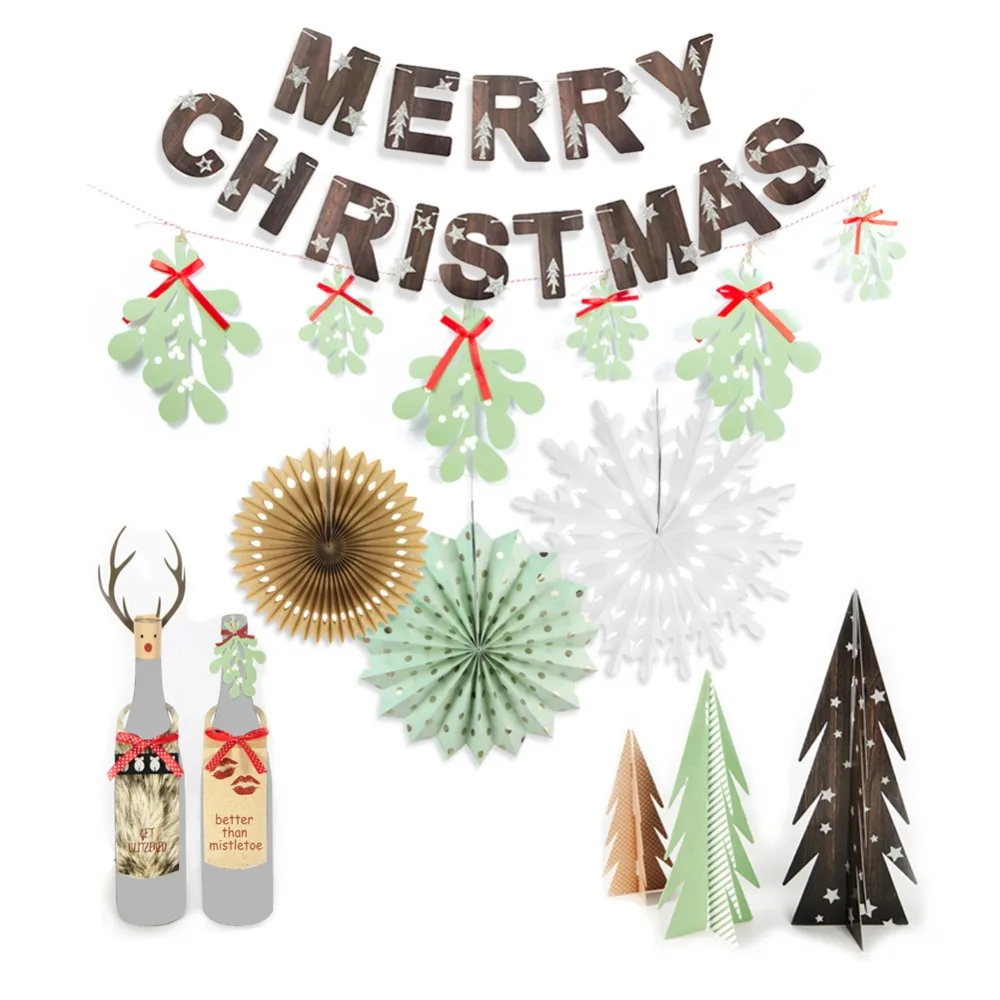 

Merry Christmas Banner Decorations for Home Christmas Trees Table Decor Snowflake Fan Mistletoe Leaves Paper Garland for Xmas