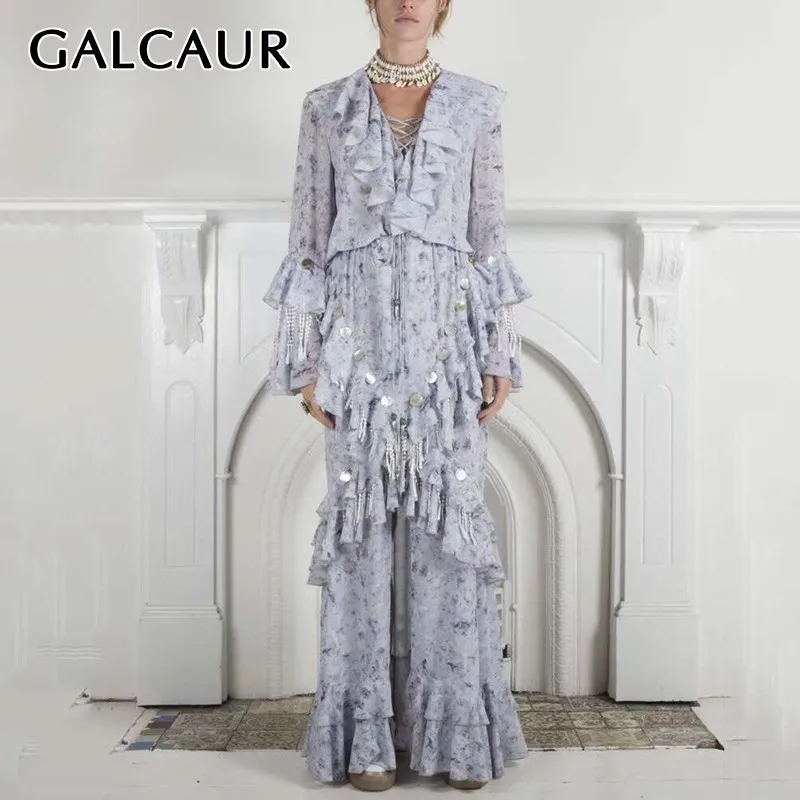 

GALCAUR Summer Sequin Patchwork Dresses For Women V Neck Flare Long Sleeve Ruffles A Line Party Dress Female Fashion New 2019