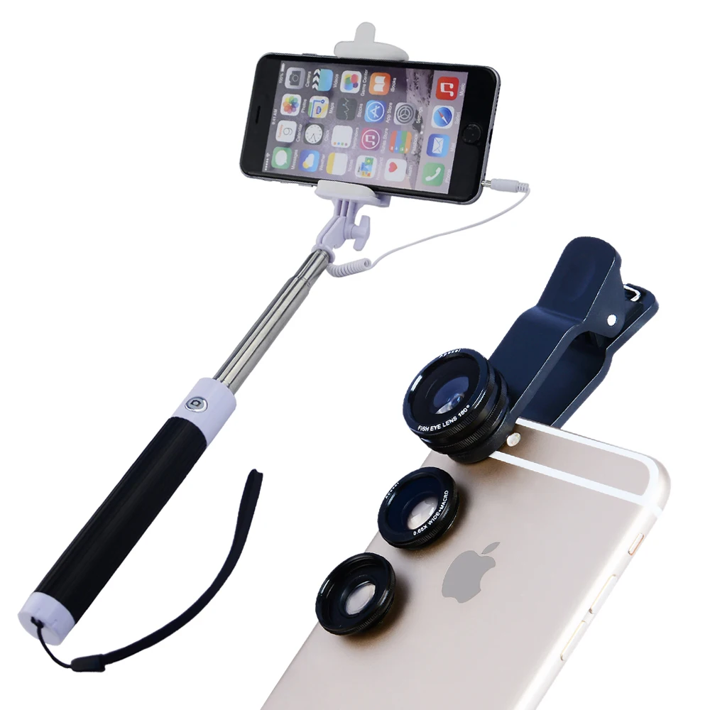 

3 in 1 Fish Eye Lens Wide Angle Macro Mobile Phone Clip Lens + Extendable Monopod wire cable Selfie Stick take photos CL-96CX3