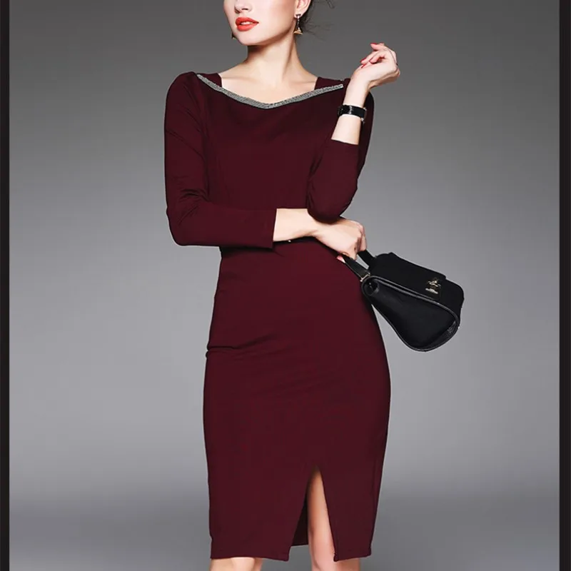 

Autumn New Arrive European Women's Fashion Dress OL Trim Long Sleeve Dress Slim One- Piece Dress