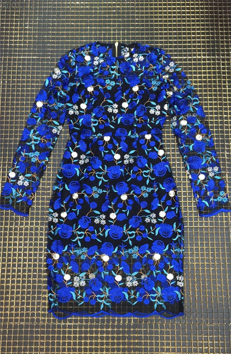 Hanche Bleu Socialite Mode Serré D'anniversaire Filets De Femme Fil Sexy Loisirs Automne Fleur Robe 2018new Paquet Fête Broderie Discothèque wAqHRnfx7