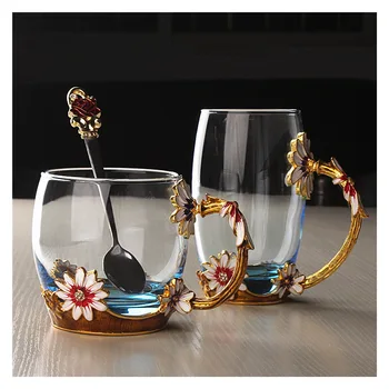 

Vintage Creative Crystal Coffee Mug Tumbler With Enamel Base And Handle Tea Milk Glass Drinking Cup Christmas Birthday Gift