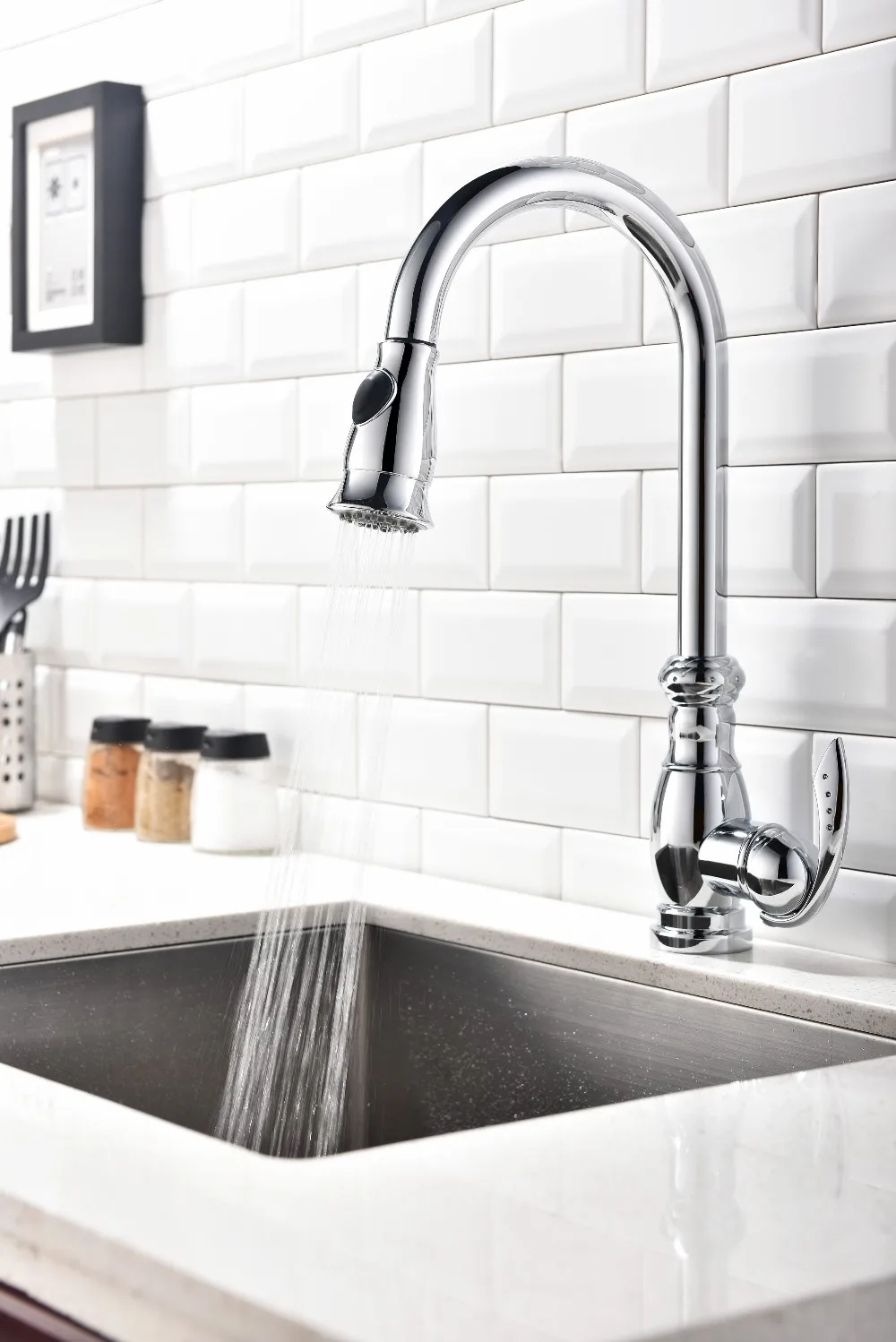

Fast delivery--Chrome Single Handle Single Hole Kitchen Faucet Sink Water Mixer Tap with Pull Down Sprayer--Y658O