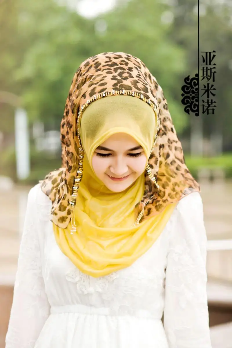 

Muslim Women Chiffon Leopard Print Easy Wear Headscarf Islamic Khimar Hijab Full Cover Headwear Girl's Cap Big Size YSS-1408