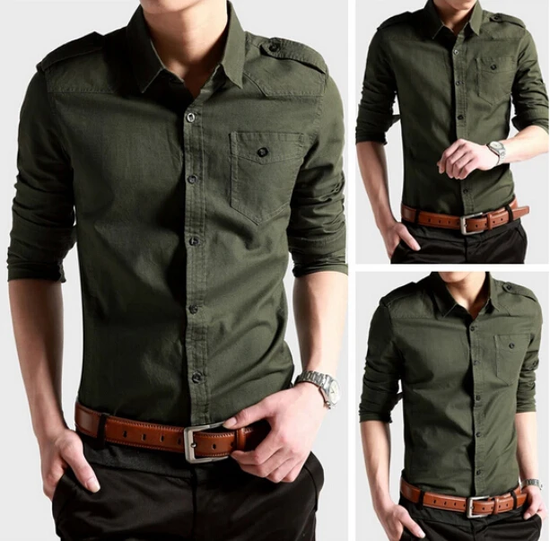 2015 de style militaire minces occasionnels simples boutonnage classique pour hommes chemise à manches longues chemise