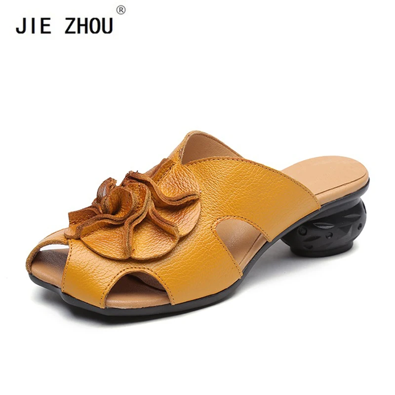 

Flower Slippers Genuine Leather Summer Shoes Woman Handmade Slides Sandals Strange Style Women Slippers Female Footwear