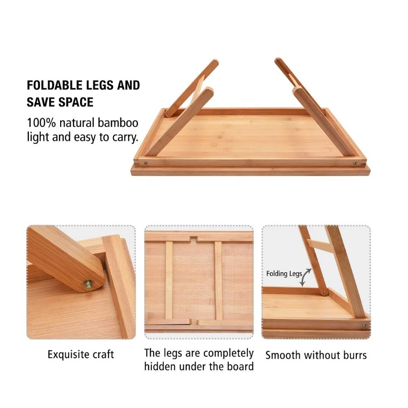  SUFEILE Wooden Folding Laptop Table Breakfast Serving Bed Trays Adjustable Foldable with Flip Top a