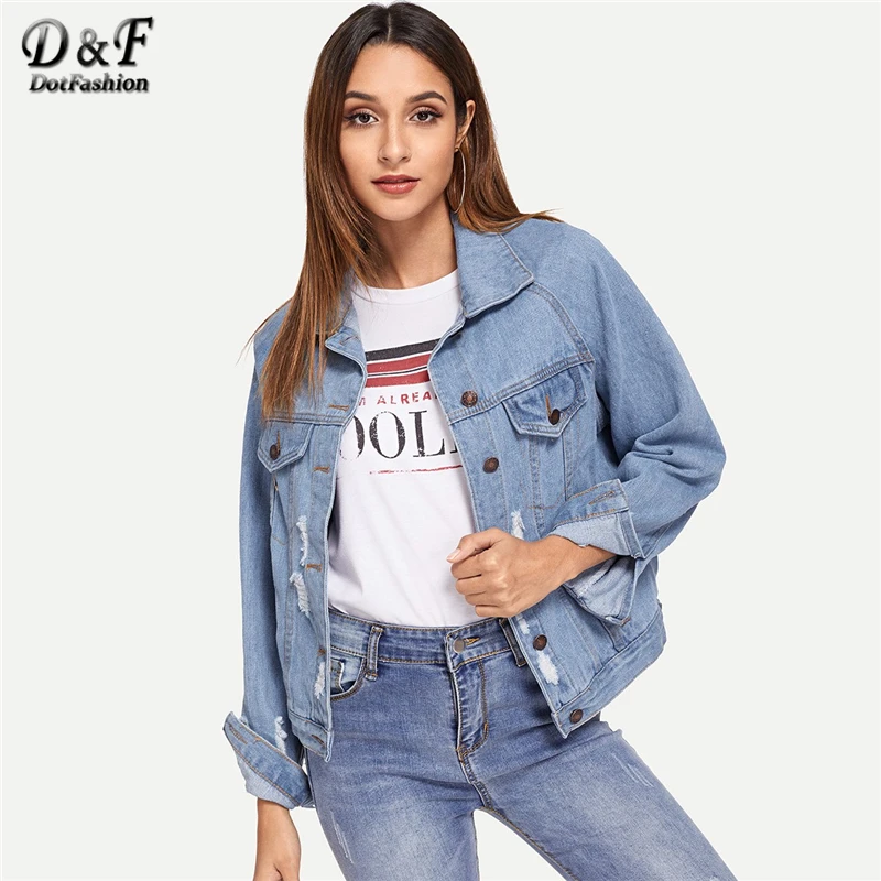 Kopen Dotfashion Blue Ripped Raglanmouwen Denim Jasje Vrouwen Jassen En Jassen Casual Herfst 2018 Kleding Enkele Breasted Bovenkleding
