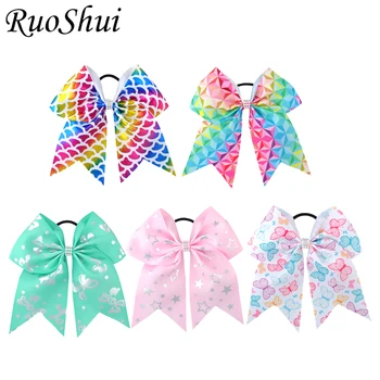 

5PCS/LOT 7 Inch Girls Rhinestone Hair Bow Grosgrain Ribbon Cheerleading Bows Women Elastic Hair Band Ponytail Hair Holder