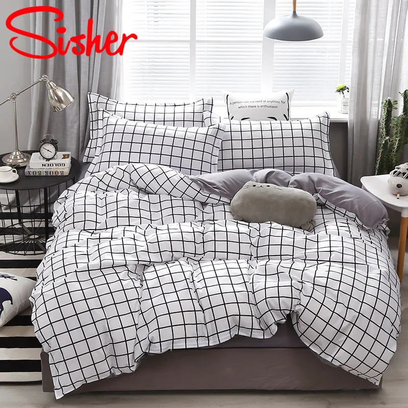 Sisher Modern Duvet Cover Set Adults Plaid Bedding Sets Polyester