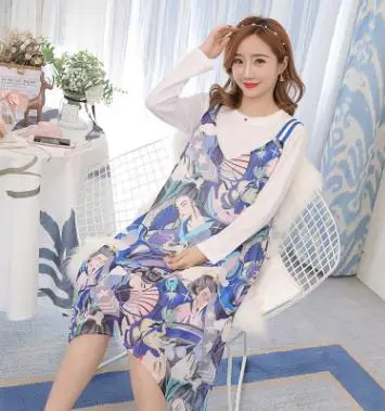 Hot Maternity Sets 2018 Autumn Winter New Long-sleeved T-shirt + Printed Sling Dress Two-piece Set Breastfeeding Clothes QL688