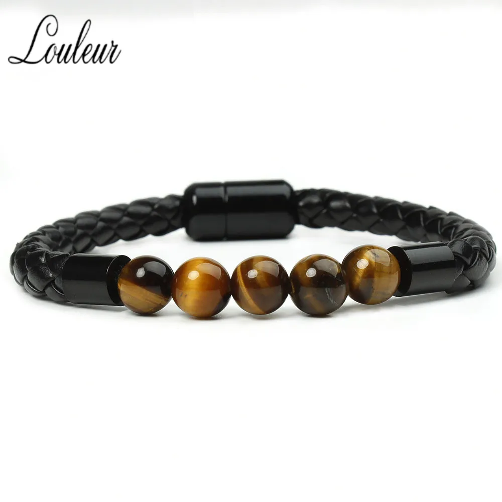 Натуральный камень, натуральная кожа, ручная работа, обертывание, веревочный плетеный браслет, 8 мм, черный тигровый глаз, бусины, подвески, магнитная застежка, браслет для мужчин