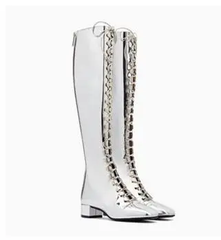 Fashion women silvery square toe low heel knee-high boots Ladies solid lace-up chunky heel long boots Fashion boots Dress shoes Fashion women silvery square toe low heel knee-high boots Ladies solid lace-up chunky heel long boots Fashion boots Dress shoes