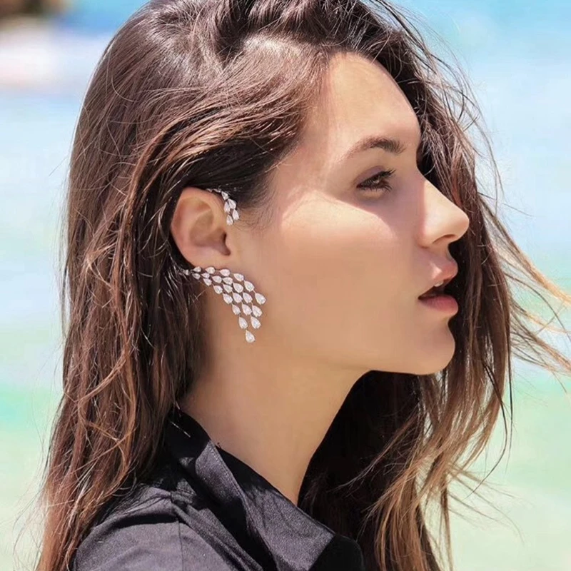 

MIGGA 1PC AAA Cubic Zirconia Peacock Tail Luxury Cuff Earring Women Gift Single Full Clip Ear Jacket