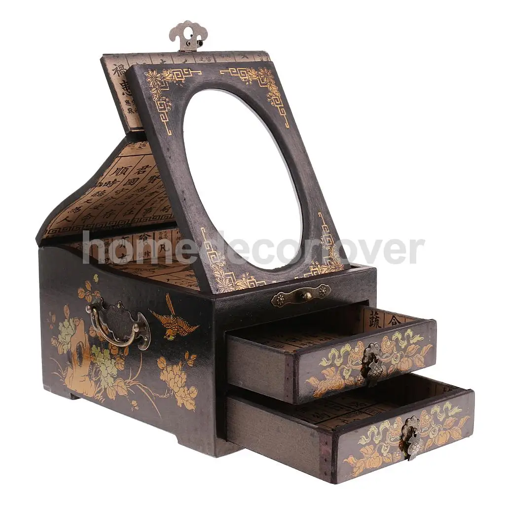 Vintage Wooden Dresser 2 Drawer 1 Mirror for Jewelry Storage Case Box Yellow