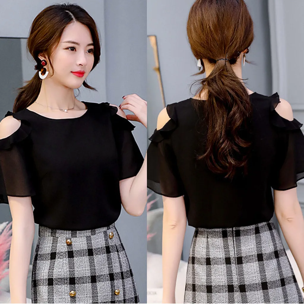 Women Chiffon Shirt 2019 Women Work Office Off Shoulder Ruffles Short Sleeve Solid Chiffon Plus Shirt Top
