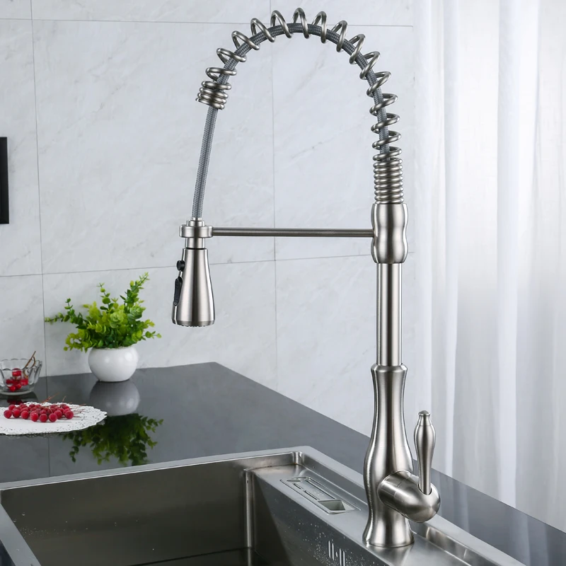 

OLMEY Modern Commerical Spring Brushed Nickel Pull Out Sprayer Kitchen Faucets, Two-Functions Sprayer Sink Taps Mixer