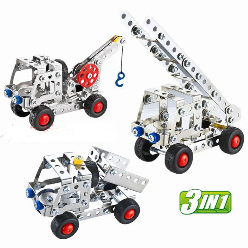 3 in 1 DIY metal screw assemble truck crane building block educational