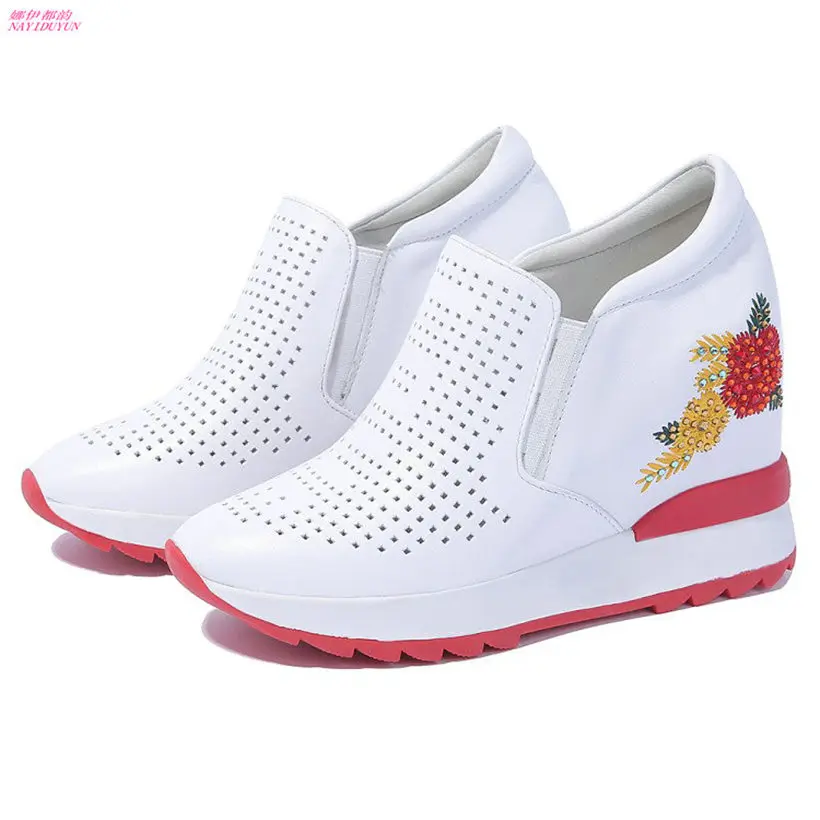 

NAYIDUYUN Women Embroider Cow Leather Breathable High Heel Shoes Slip On Wedges Platform Party Summer Pumps Fashion Sneakers