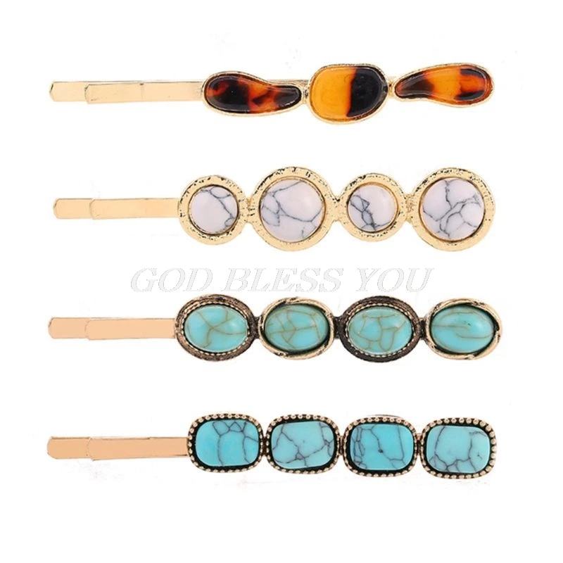 Vintage Palace Style Jewelry Metal Alloy Hairpins Ladies Women Imitation Marble Textured Hair Clips Geometric Styling Barrettes