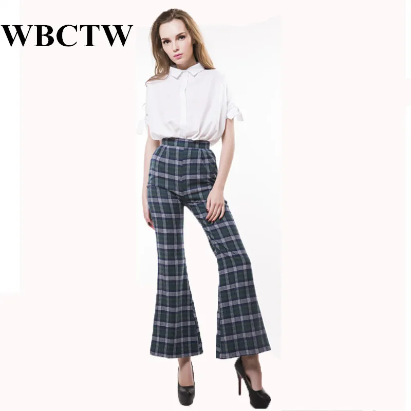 Flare Pants New Arrivals England Style Vintage Green Plaid 7XL Plus