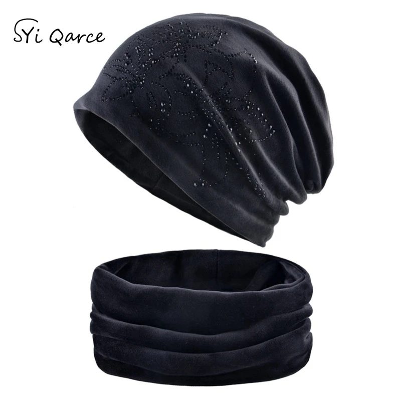 SYi Qarce Лидер продаж 2 шт./компл. зимние теплые Для женщин шляпа с шарфом Стразы с цветами лучший подарок для Для женщин шапка для девочки; с шарфом