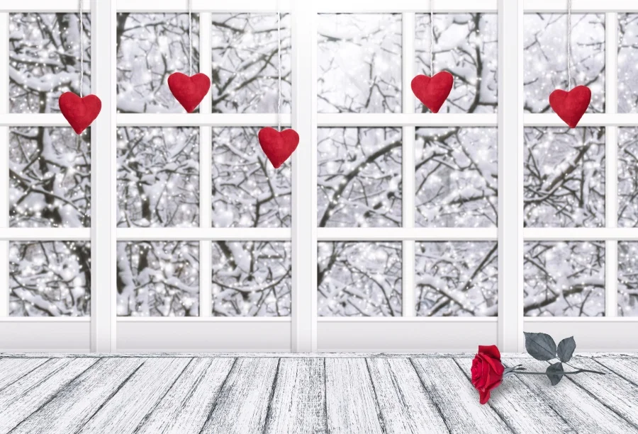 

Laeacco Gray Window Wooden Board Winter Valentine's Day Heart Rose Flower Scene Photo Backdrops Photo Backgrounds Photo Studio