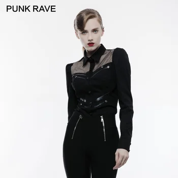 

PUNK RAVE Punk Military Handsome Sexy Mesh Chest Leather Straps Decoration Ladies Shirt Streampunk Rock Exquisite Black Blouses
