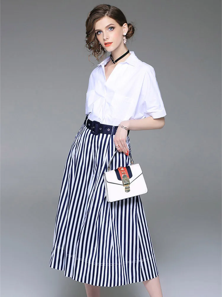 

High Quality 2019 Spring New Women's Rompers Sets Fashion V-neck Shirt + Casual Striped Wide-leg Pants Suit Female Trend L218