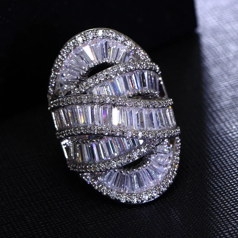 Luxury Cocktail Ring Setting Shiny Aaa Cubic Zirconia Crystal White
