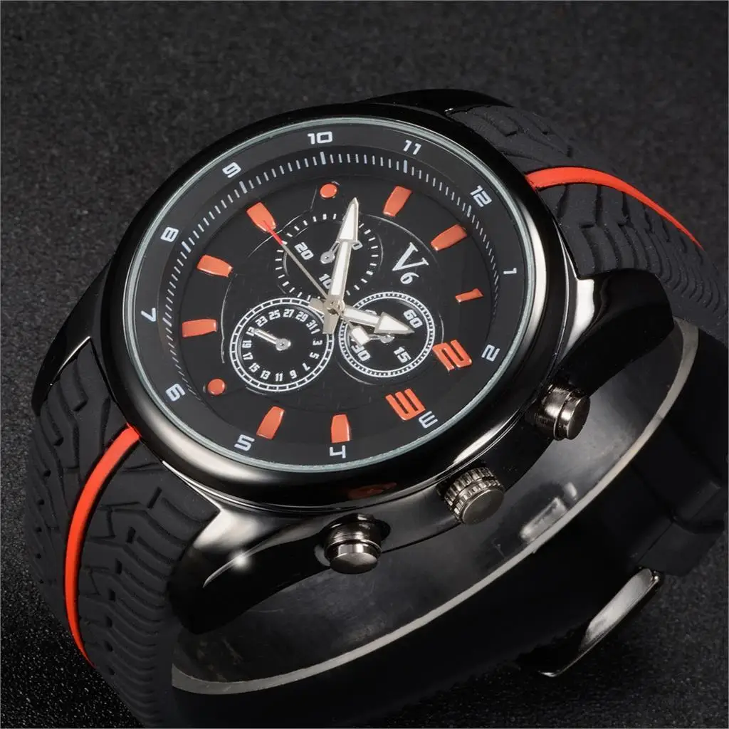  Vogue Fashion V6  Luxury Men watch Cool Tire silicone band Black Clock Analog Military Man sport Casual Wristwatch reloj Gift 