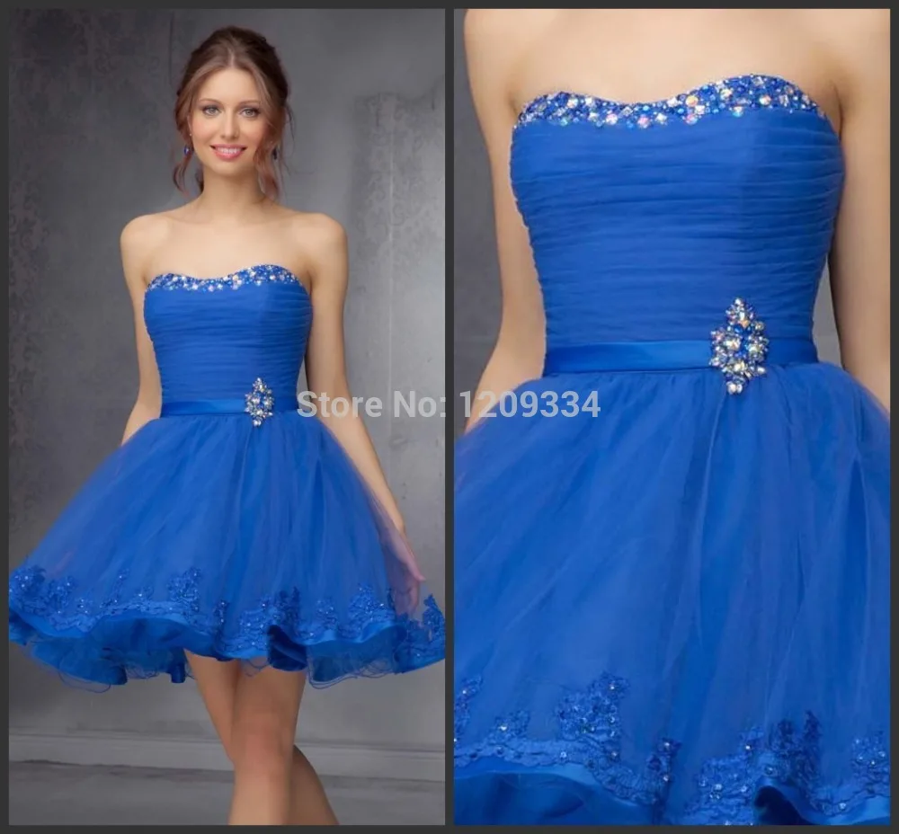 Cocktail Dresses 2015 Short A-Line Blue Ivory Tulle Strapless Lace Lovely Sweet Ball Cheap Homecoming Party Gowns | Свадьбы и