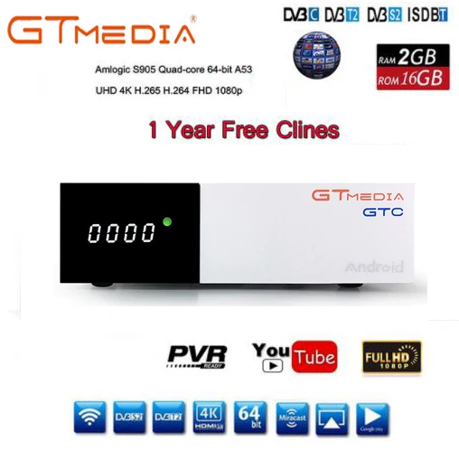 

Gtmedia GTC Ship from Brasil Android 6.0 TV BOX DVB-S2/T2/C/ISDBT Satellite Receiver Smart TV BOX 2GB 16GB support IPTV H.265 4k
