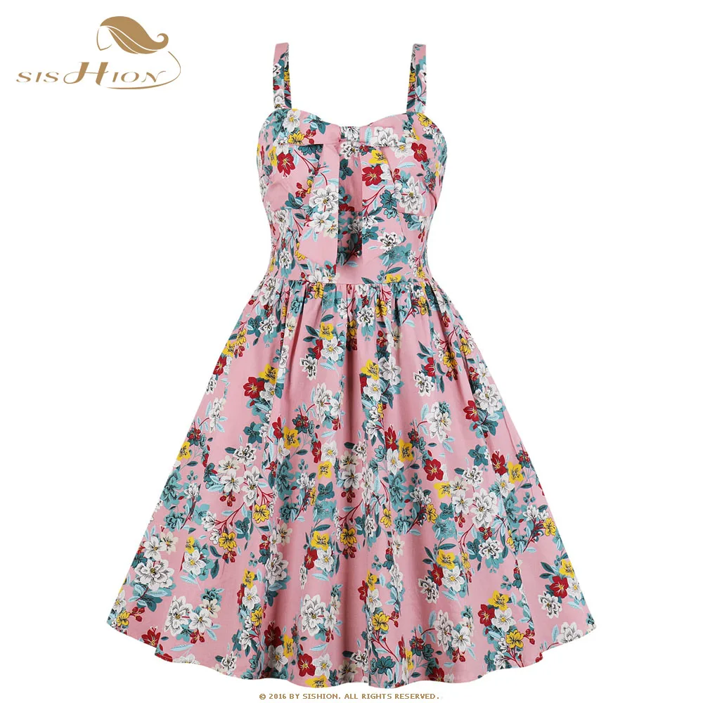 

SISHION Floral Print Vintage Dress VD1067 Spaghetti Strap Women Ladies Bow Pink Swing Elegant Sexy Backless Summer Cotton Dress