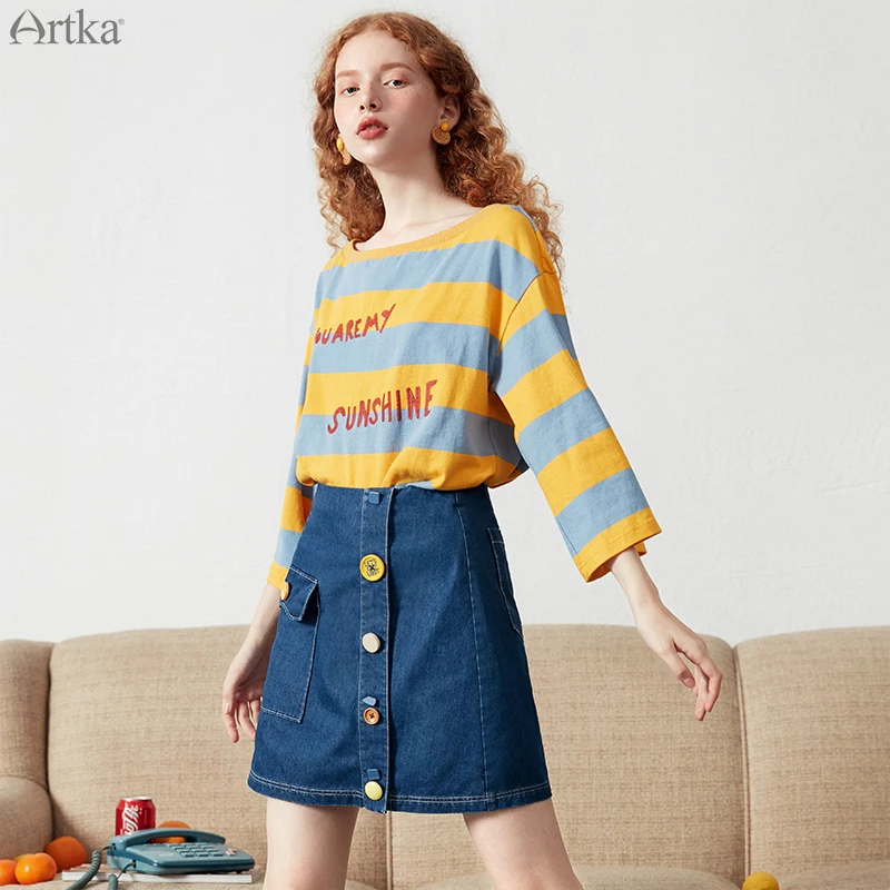 ARTKA 2019 Summer Women Denim Skirt High Quality Solid Color Casual A-line Skirt Lady Button Pocket Design Mini Skirts QN10094C ARTKA 2019 Summer Women Denim Skirt High Quality Solid Color Casual A-line Skirt Lady Button Pocket Design Mini Skirts QN10094C