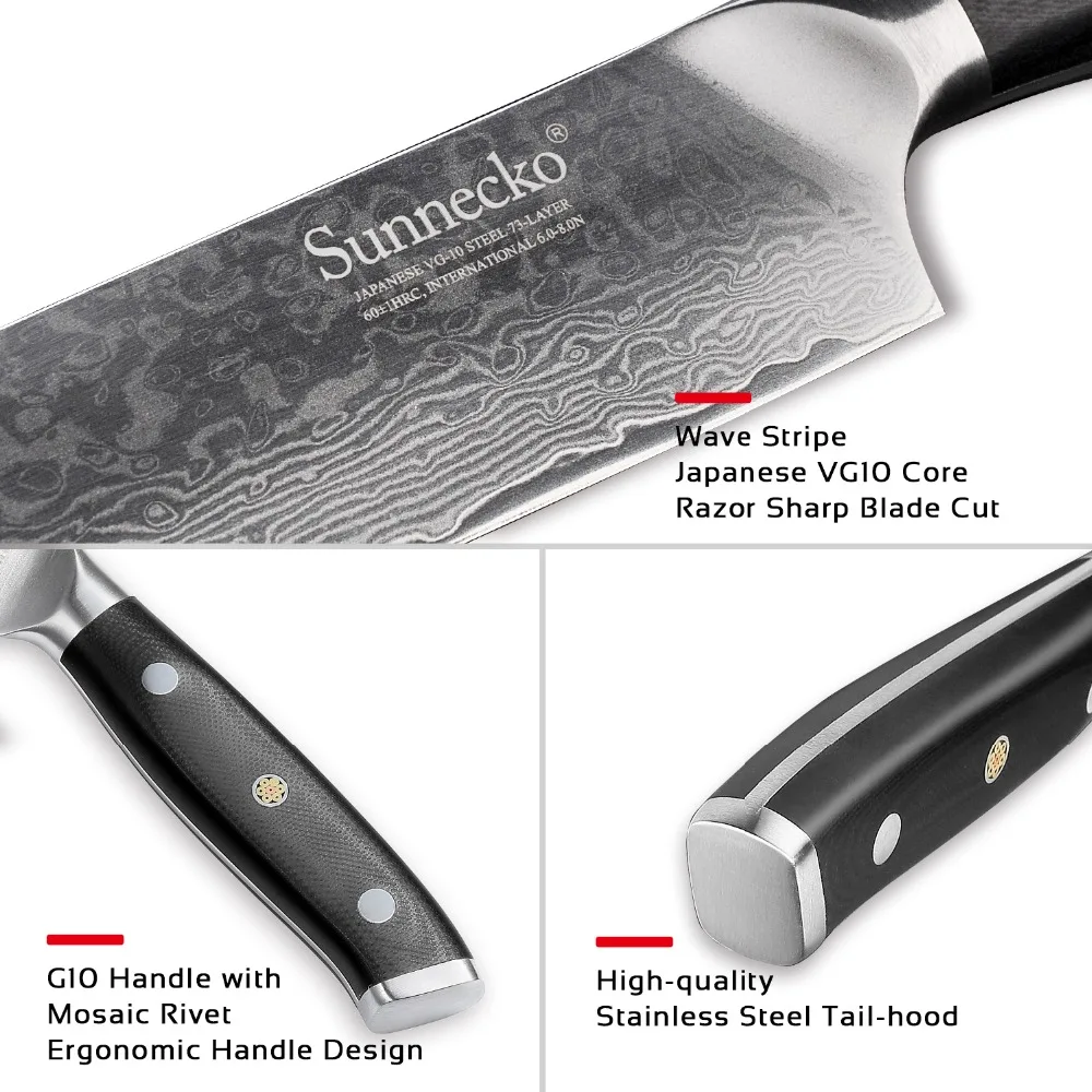 SUNNECKO 2 шт. нож из дамасской стали комплект Santoku универсальный нож для очистки овощей японский VG10 Core Шлифовальный G10 ручка шеф-повара нарезки лосося повара ножи