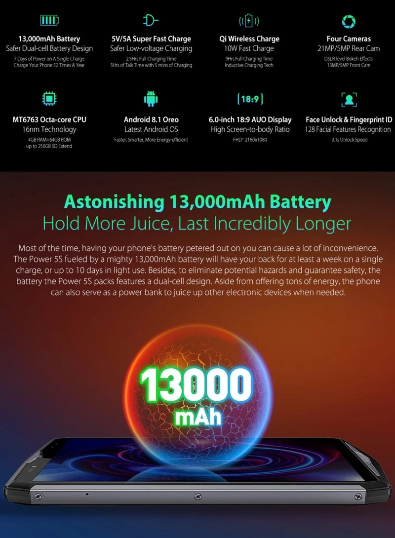Смартфон Ulefone power 5s 6 0 дюймов Dual 4G Android 8 1 MKT6763 Восьмиядерный 4 Гб + 64 Беспроводная