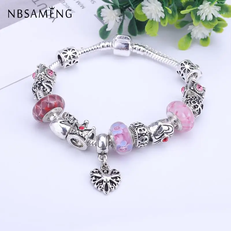 

Original Silver Plated Crystal Hollow Heart Pendant Bracelet with Murano Glass Beads Charm Bracelet Bangle for Women DIY Jewelry