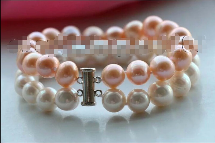 

hot sale FREE SHIPPING ******** 8" Double Genuine Natural 10mm White Pink Round Pearl Bracelet #f1862!