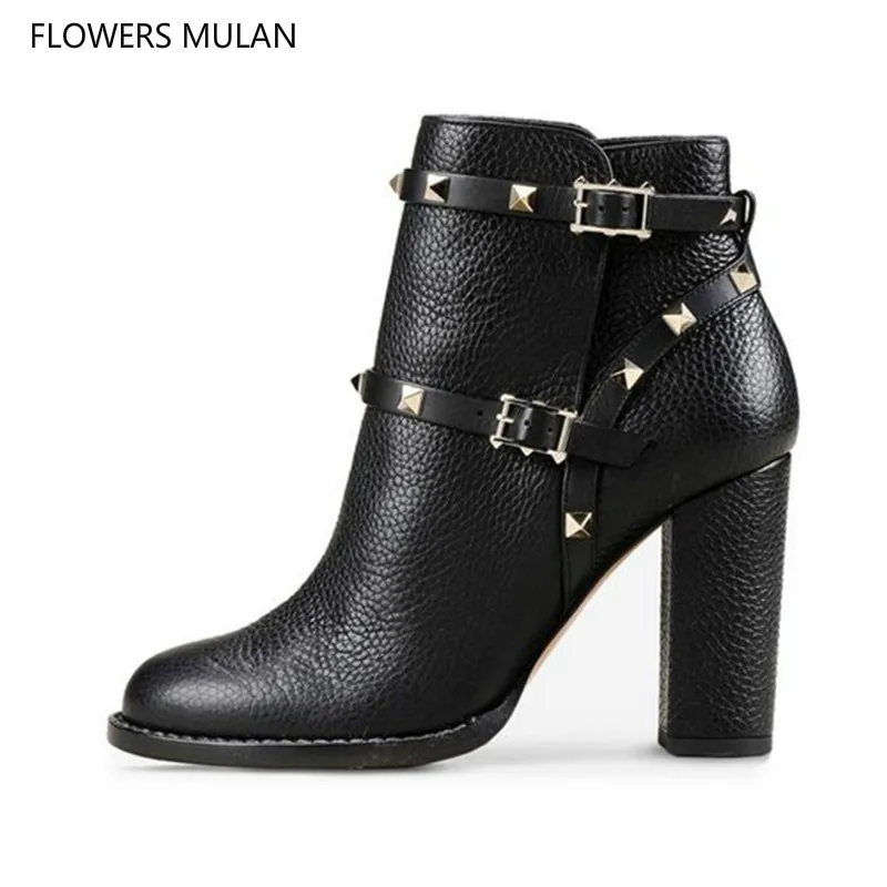 

Rivet Rubber Boots For Women Buckle 8cm Square Heel Women Ankle Boots Autumn Slip-on Chelsea Boots Botas Femininas Com Salto