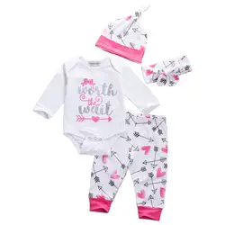 Pudcoco новорожденных детская одежда для маленьких девочек Симпатичные длинным рукавом комбинезон боди + стрелка Брюки для девочек Шапки