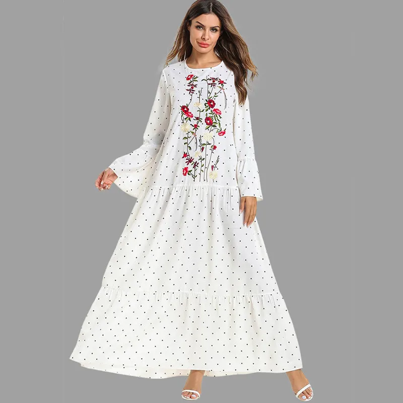 Women Long Muslim Abaya Dress White Dot Turkey Embroidery Kaftan Dubai Evening Party Modest Dress Loose Casual Islamic Clothing