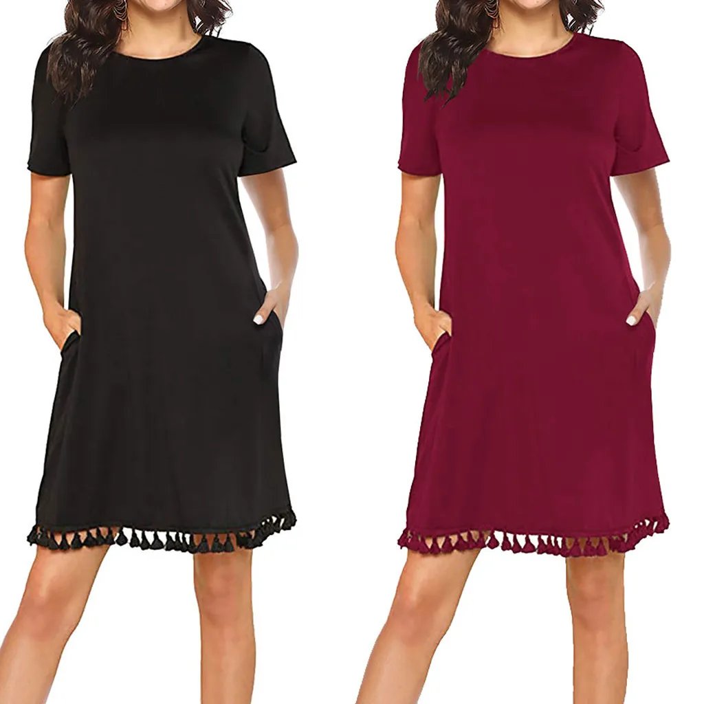 

Short Sleeve dress women summer Pocket Tassel Hem Loose summer dresses Tunic T-Shirt Dress vestido elbise robe #G8