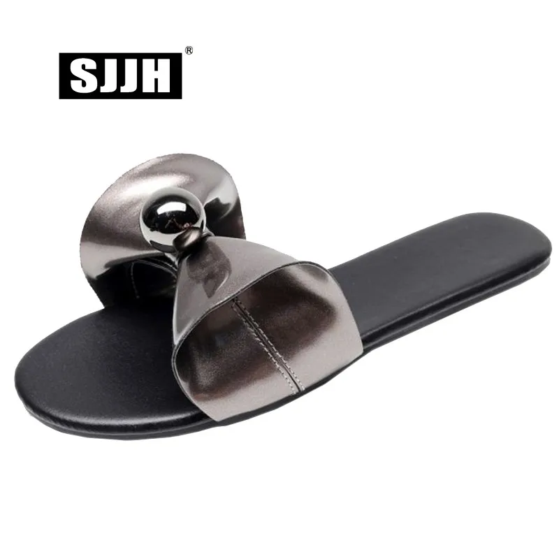 

SJJH Woman Patent Leather Flat Sandals with Open Toe Bowtie Slip-on Comfortable Casual Sweet Lazy Shoes Large Size A810