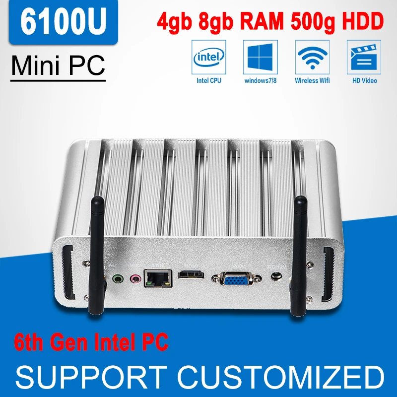 6th Gen Intel Core i3 6100U Mini PC Barebone Windows 10 Linux Mini Office Computer Fanless