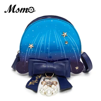 

MSMO Pastel Ocean Jellyfish Bag Cute Lolita Girl Marine Blue Bow Pearl Color Shoulder Bag Cross Body Satchel Messenger Handbag