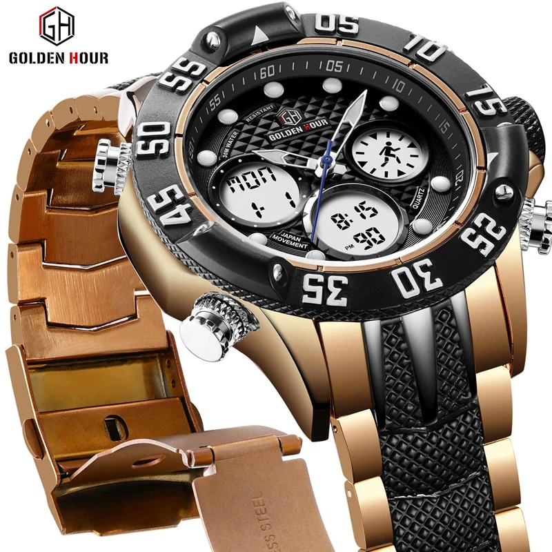 GOLDENHOUR Top Brand Men Military Sport Watch Men LED Analog Digital Watch Army Stainless Quartz Cl