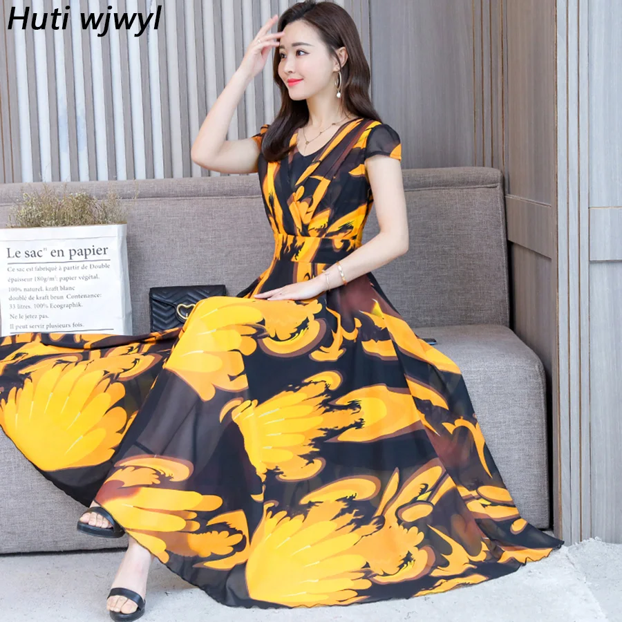 2019 винтажный шифоновый Boho Макси Сарафан большого размера пляжный отдых миди